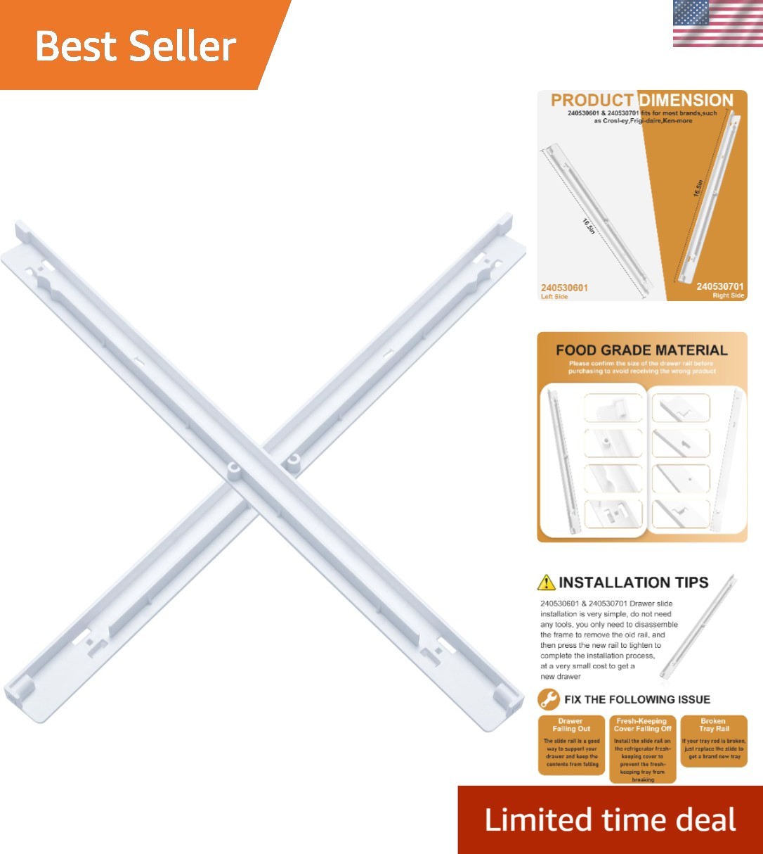 Refrigerator Drawer Slide Rail Set 240530601 & 240530701 for FrigiDaire & Ken... gallery