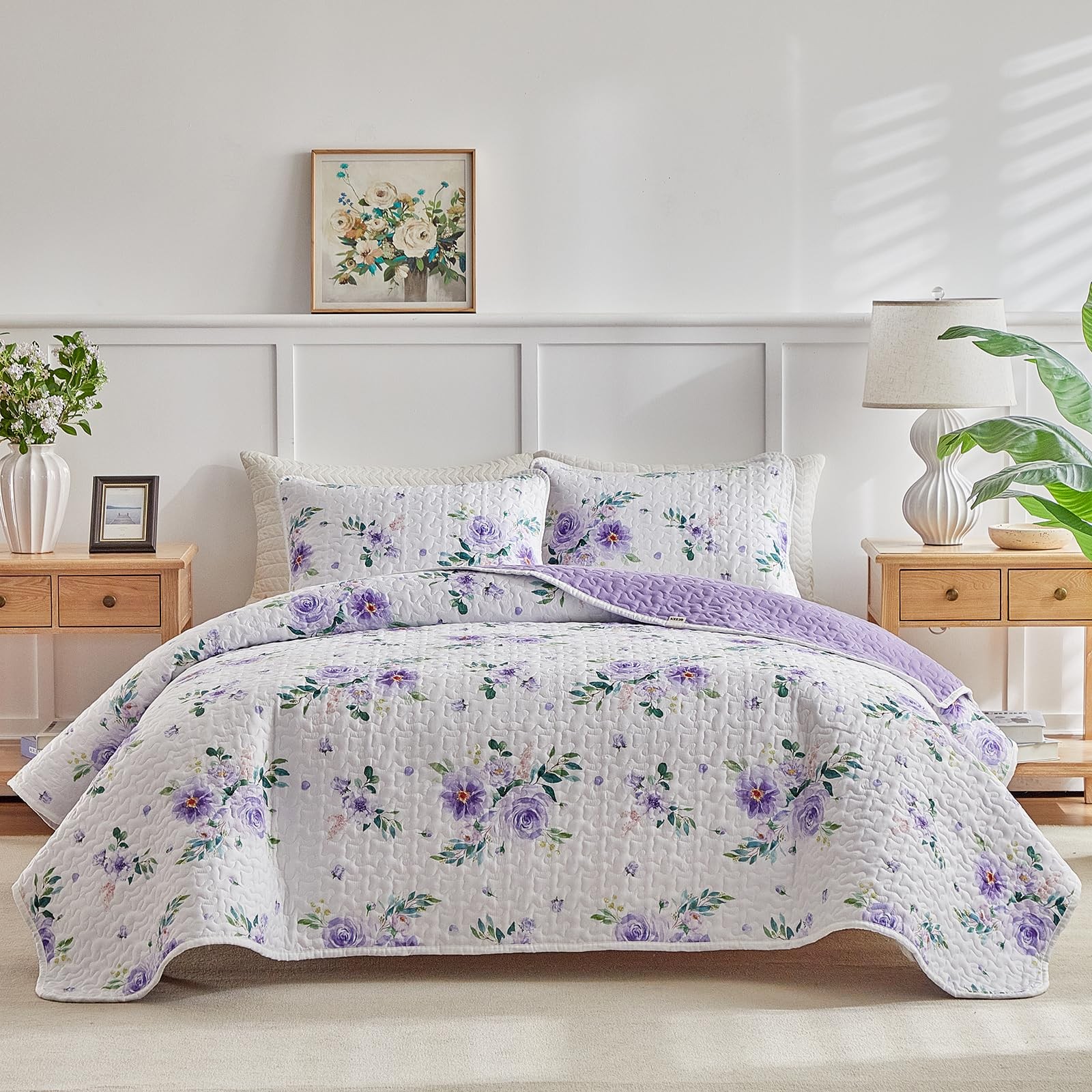 Floral Quilt Set 3 Pieces King Size White Purple Flower with Green Leaves Sof... gallery