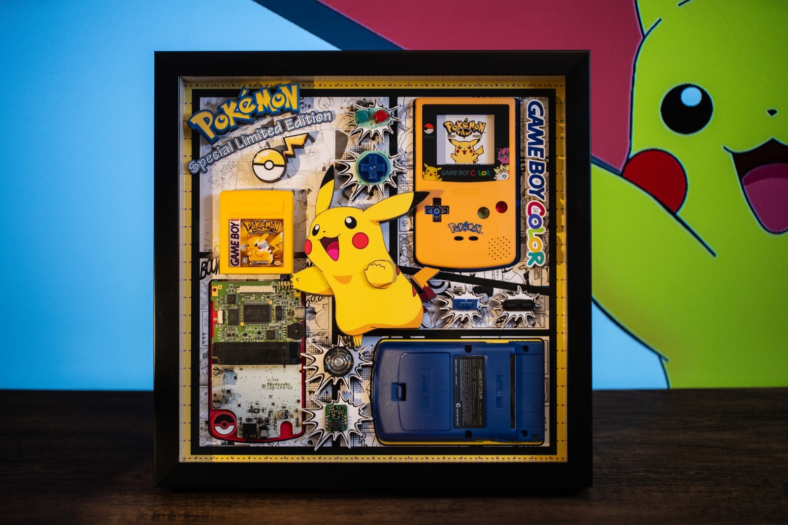 Framed Pikachu Gameboy Color 3D effect Disassembled,Wall Decor,Teardown Art gallery