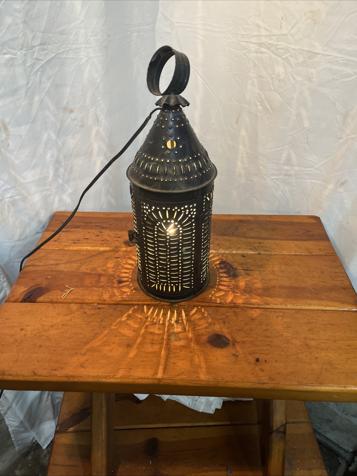 Punched Pierced Tin Electric Lamp Lantern Hanging 15” Tall Great Look! gallery