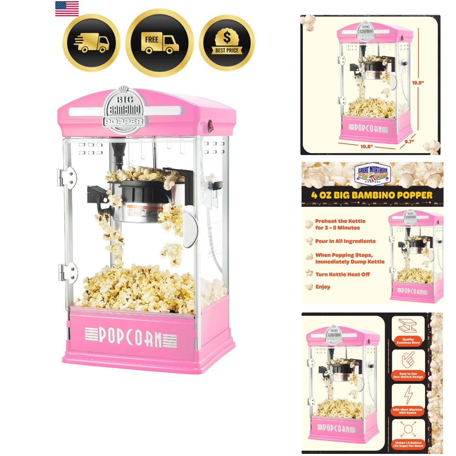 Big Bambino Popcorn Machine - Old-Fashioned Popcorn Maker with 4-Oz Kettle, M... gallery
