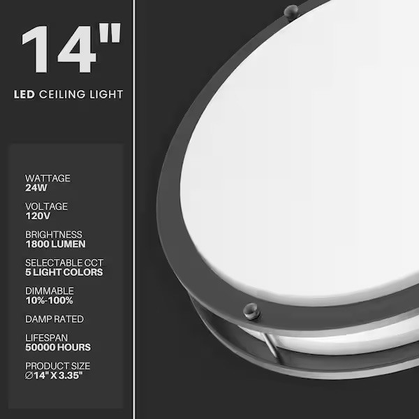 14in Double Ring LED Ceiling Light, Matte Black, 24W 1800lm 120V gallery