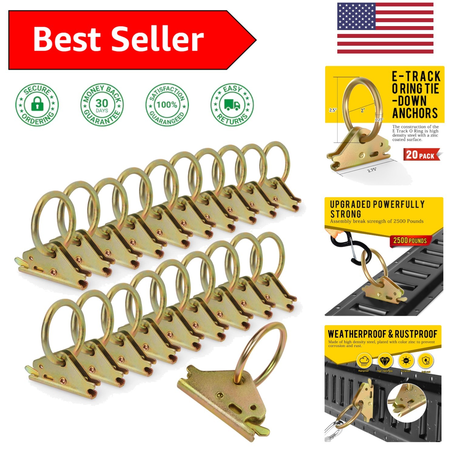 Versatile 20pcs E-Track Tie-Down O-Rings with 2500lb Break Strength, Gold Finish gallery