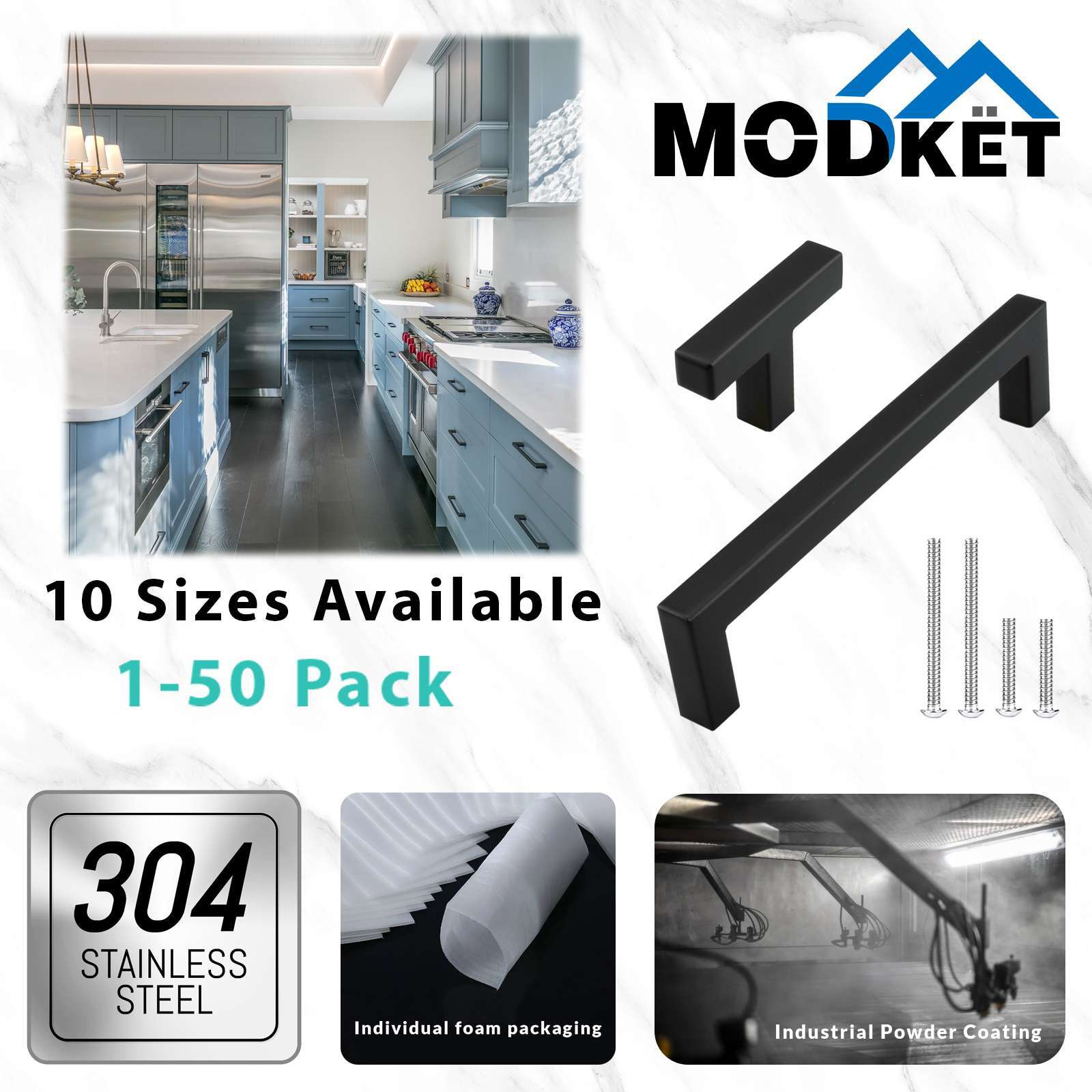 Matte Black Square Modern Cabinet Handles Pulls Kitchen Drawer Stainless Steel gallery