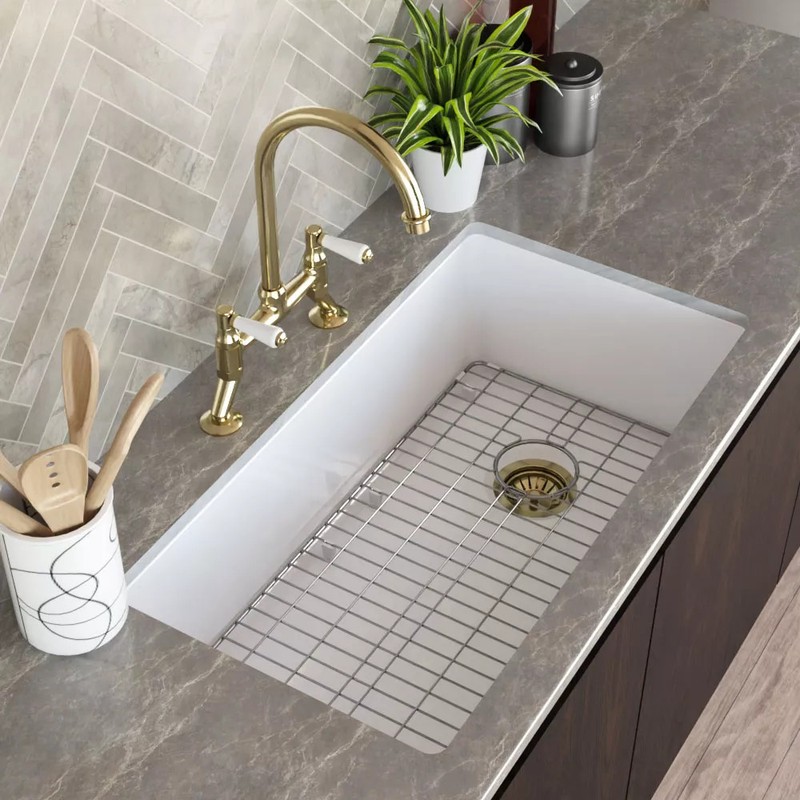 Nuie Undermount Kitchen Sink with Chrome Drainer, Wire Grid, Fire Clay 34x19x10" gallery