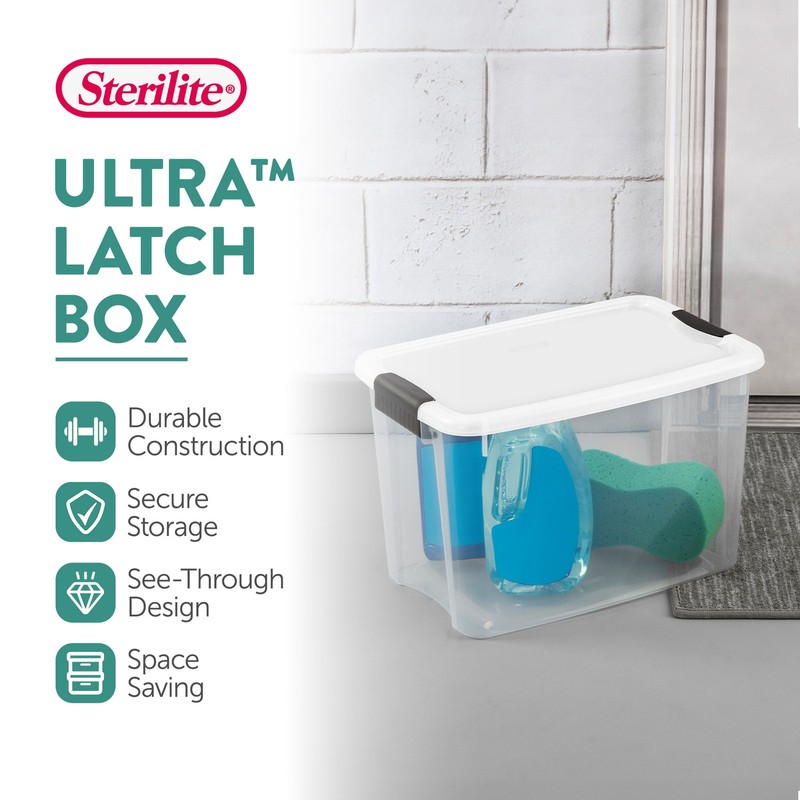 Sterilite 30 Qt Clear Plastic Stackable Storage Bin w/ Latch Lid, White (6 Pack) gallery