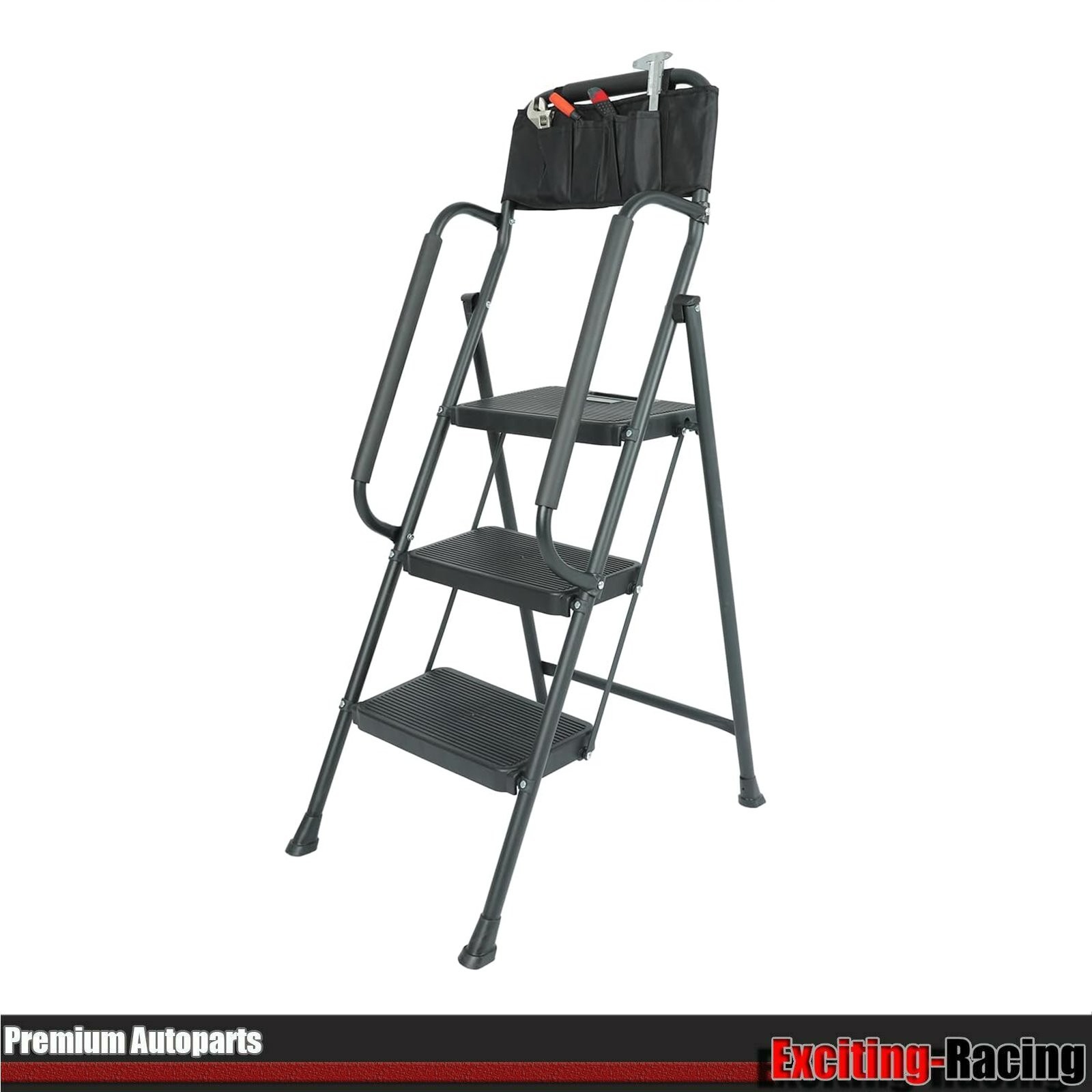3 Step stool Ladder with Handrails 500 lbs folding Attachable Tool Black gallery
