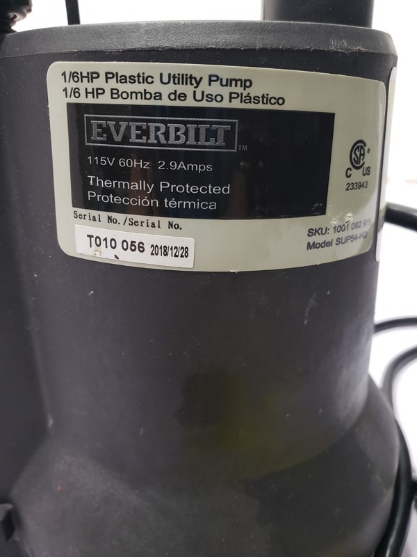 Everbilt 1/6 HP Plastic Utility Pump Model SUP54-HD 115V 60Hz 2.9 Amps Tested gallery