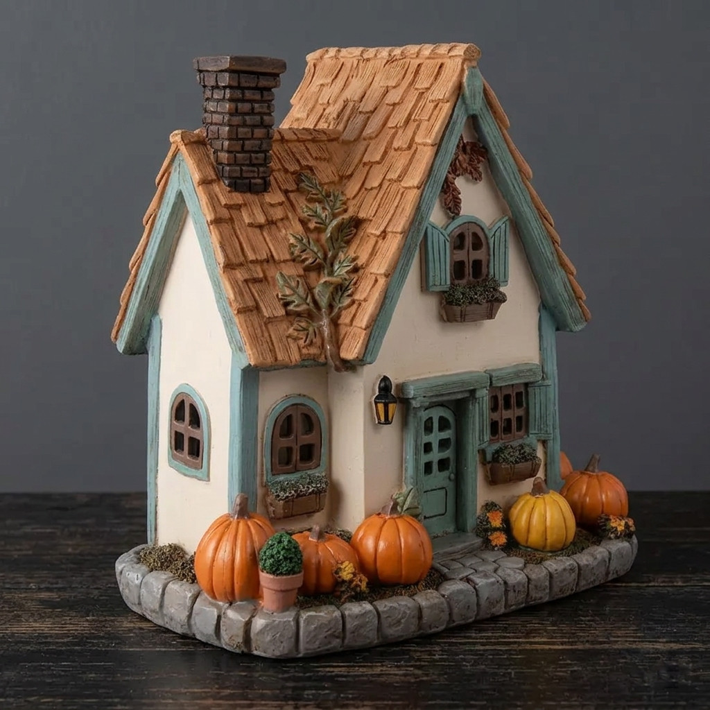 Lighted Fall Village House Resin Cottage Pumpkin Table Decoration Autumn Glow gallery