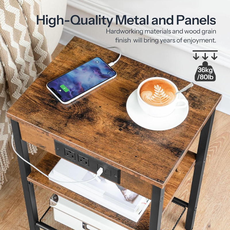 3-Tier Side Table w/ Charging Station & USB Port,Small End Table for Small Space gallery