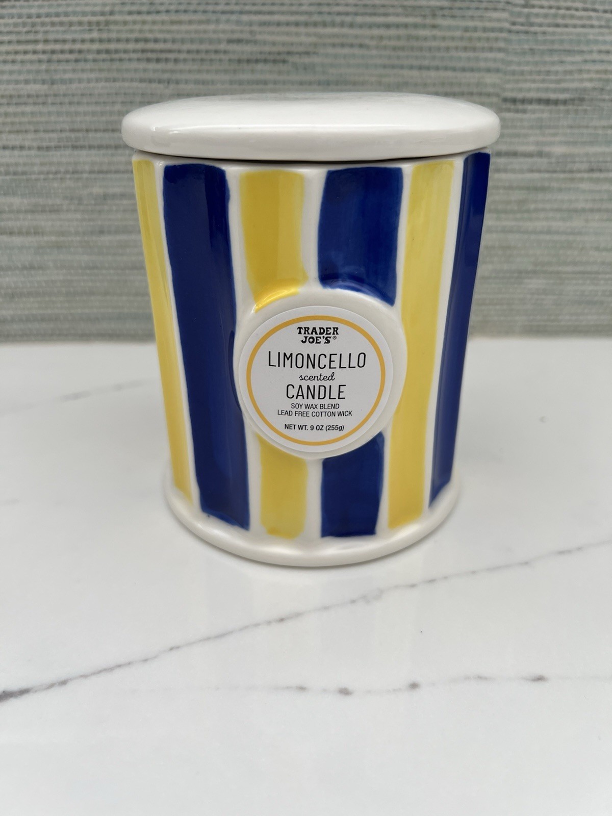 NEW Trader Joe’s Lemoncello Scented Candle 9 Ounce Blue Yellow Ceramic Jar New gallery