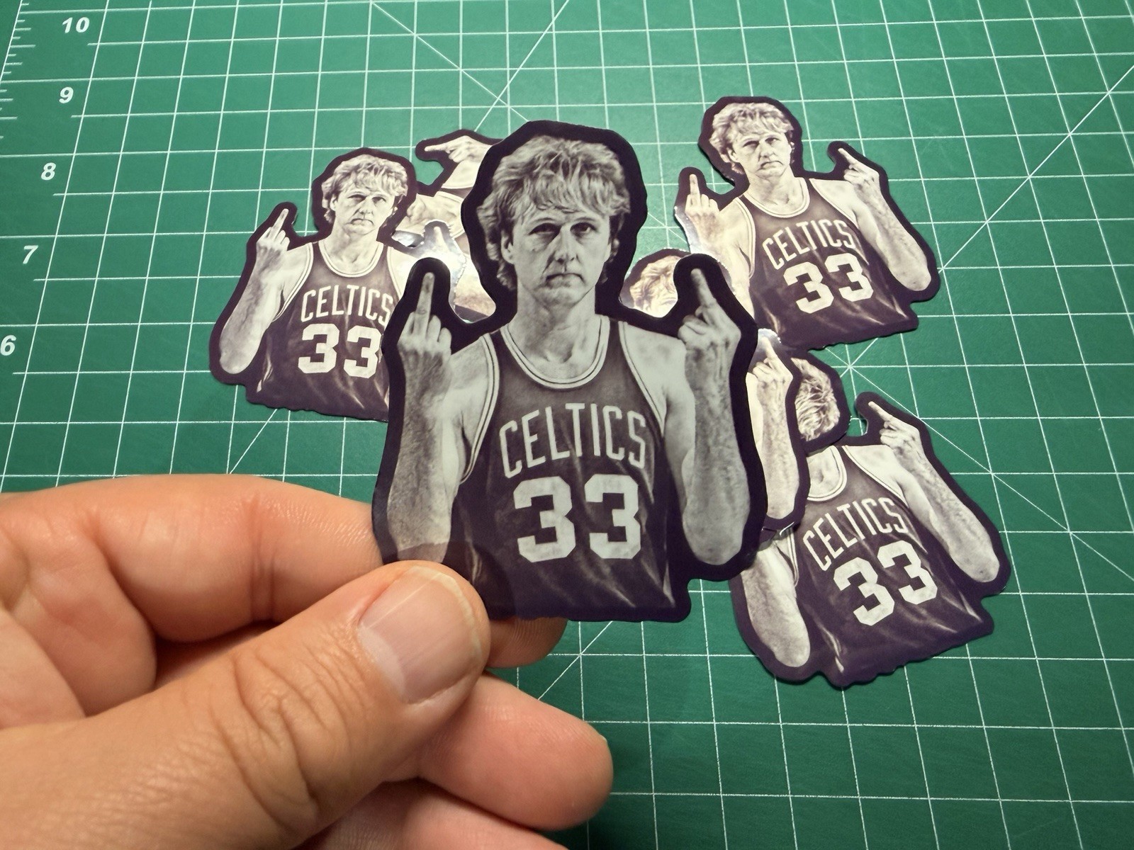 Larry Bird Middle Fingers - Flipping The Bird- Laminated Vinyl Sticker - 2"x3" gallery
