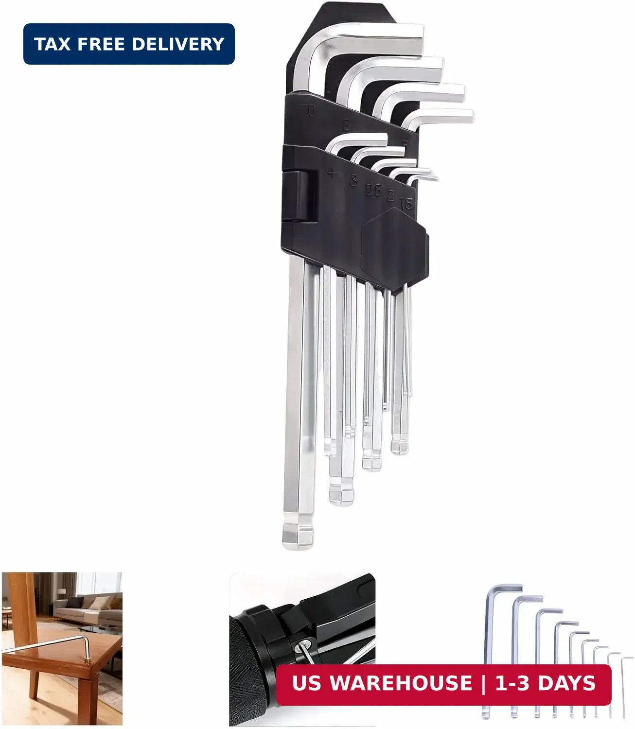 Professional 9-Piece Ball End Hex Key Set, Chrome Vanadium Steel L-Wrenches, 1.5 gallery