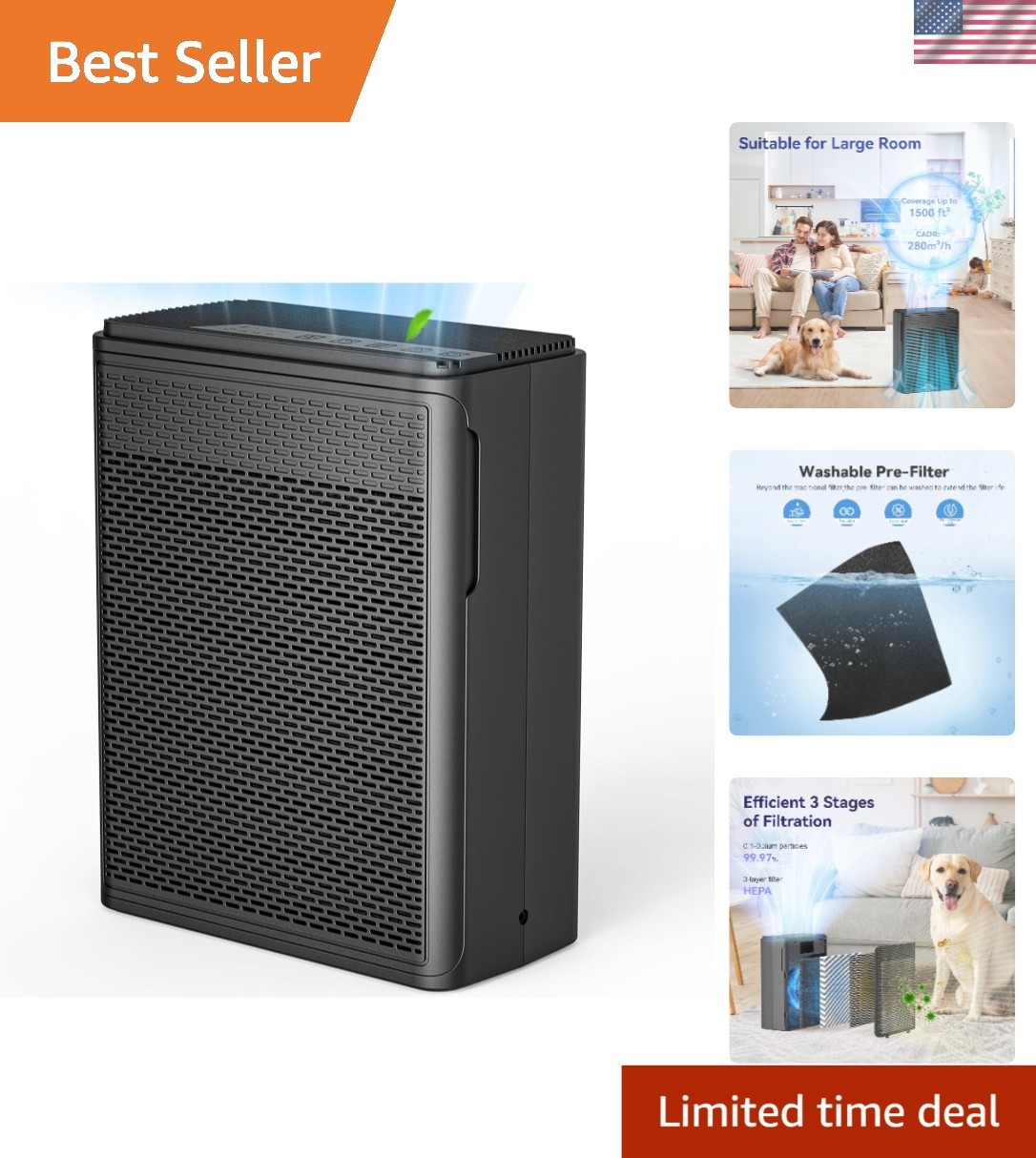 Pet Hair & Dander Air Purifier - Covers 1500 Sq Ft with Touch Control, Black gallery