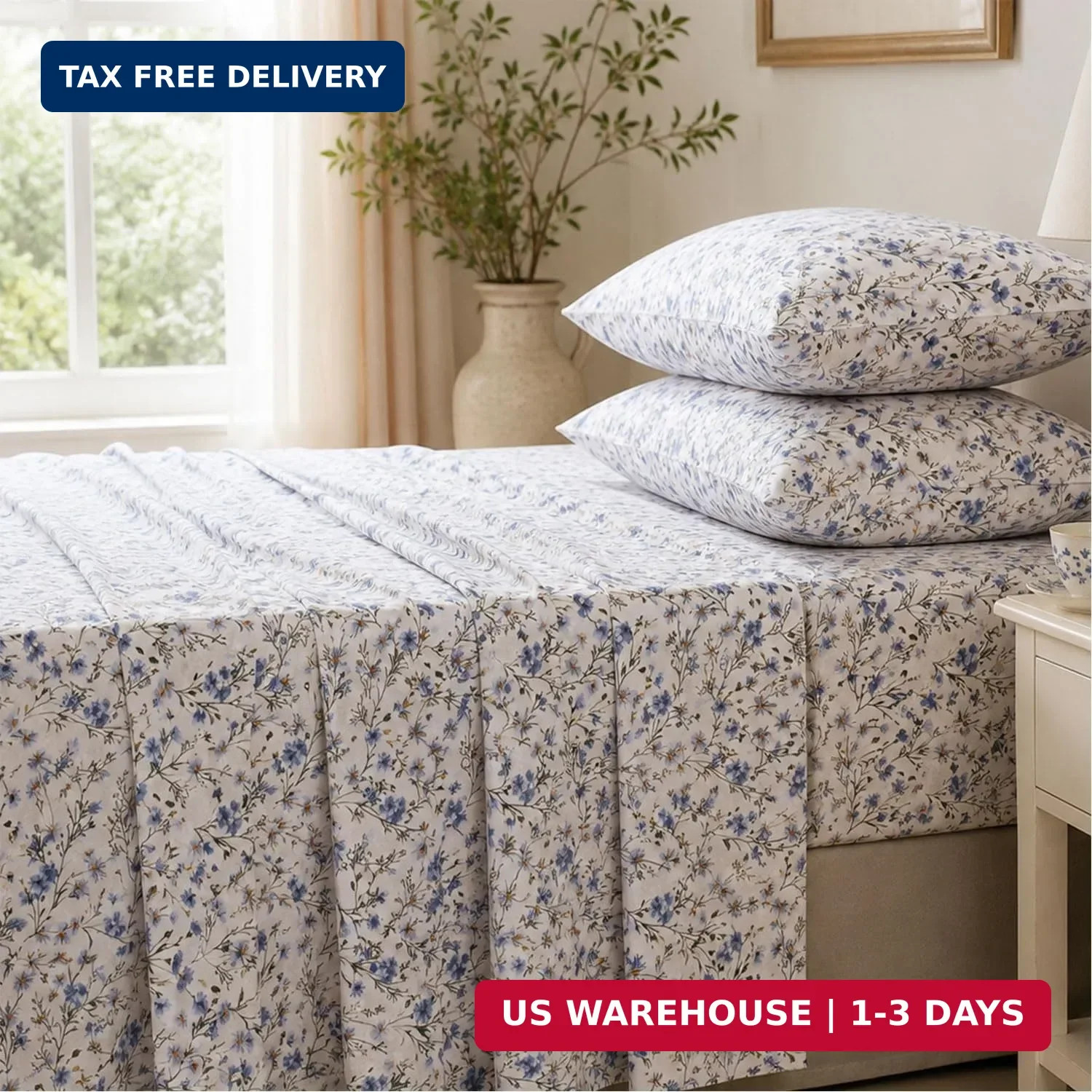FADFAY 100% Cotton Percale Sheet Set California King - Blue Meadow Floral Beddin gallery
