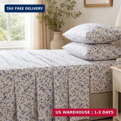 FADFAY 100% Cotton Percale Sheet Set California King – Blue Meadow Floral Beddin