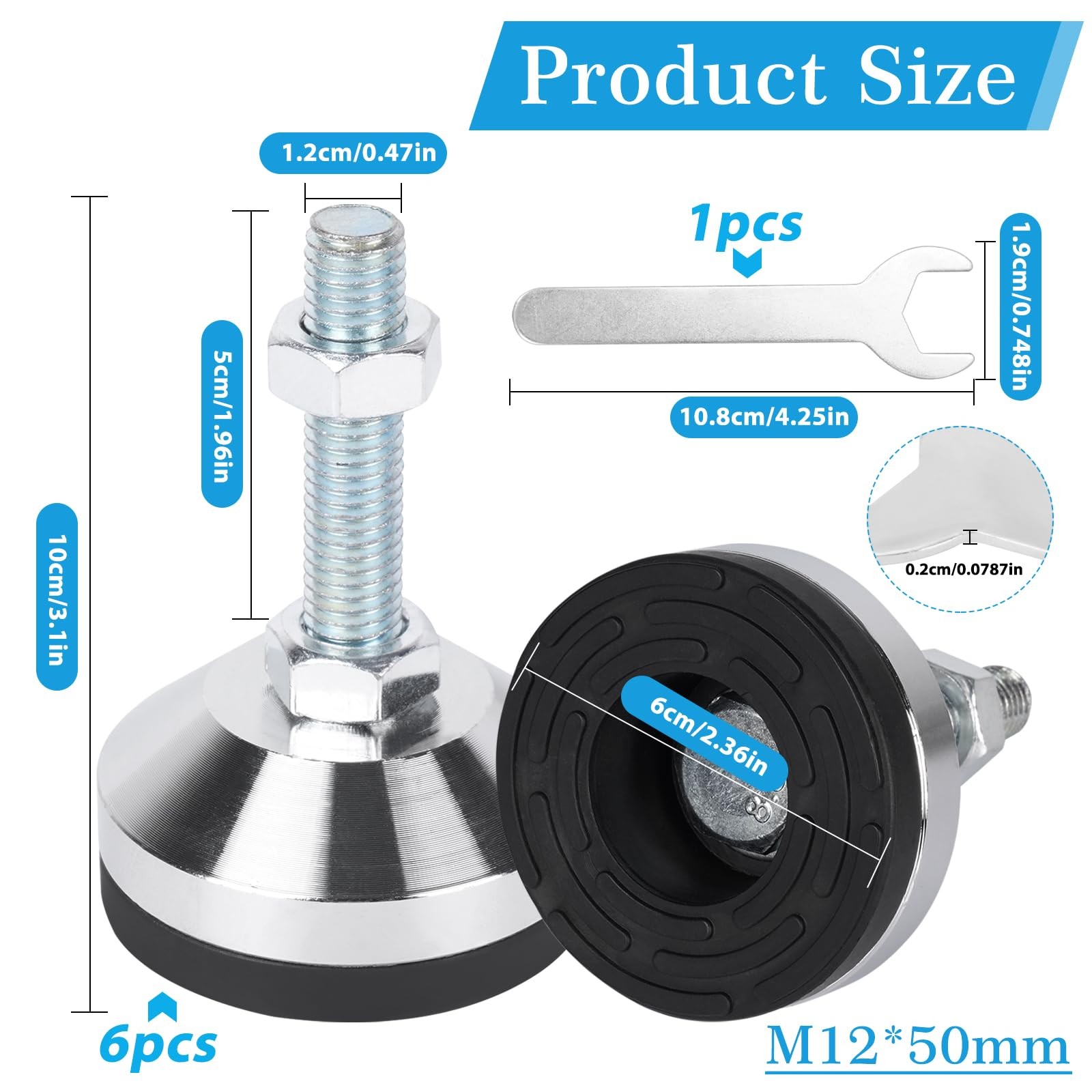 6 Pcs Leveling Feet M12 Thread 2.36" Dia Base D60xM12x50mm with 1 Wrench gallery