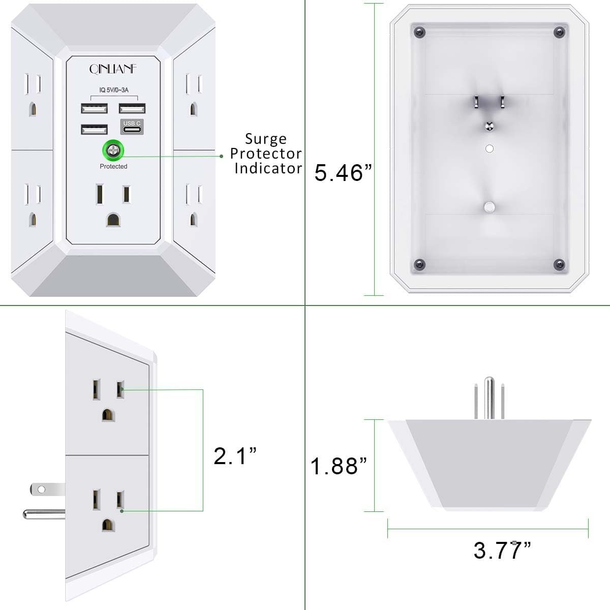 Multi Plug Outlet Surge Protector - POWSAF 5 Outlet Extender with 4 USB Ports(2 gallery