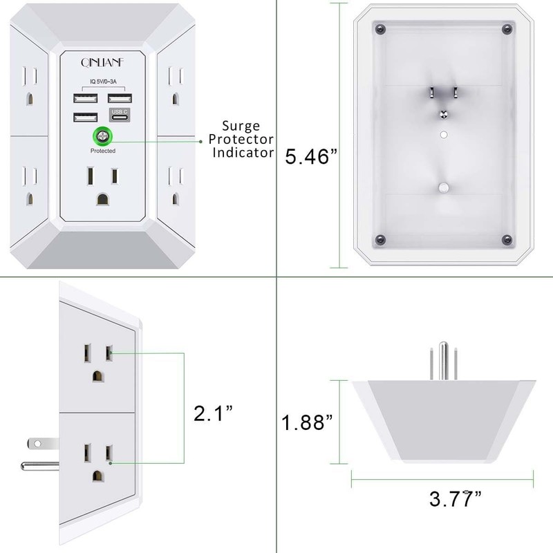 Multi Plug Outlet Surge Protector - POWSAF 5 Outlet Extender with 4 USB Ports(2 gallery