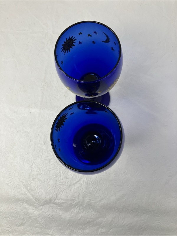 2 Libbey Cobalt Blue Celestial Sun Moon Stars Wine Water Glass Goblet Glass 7.5” gallery