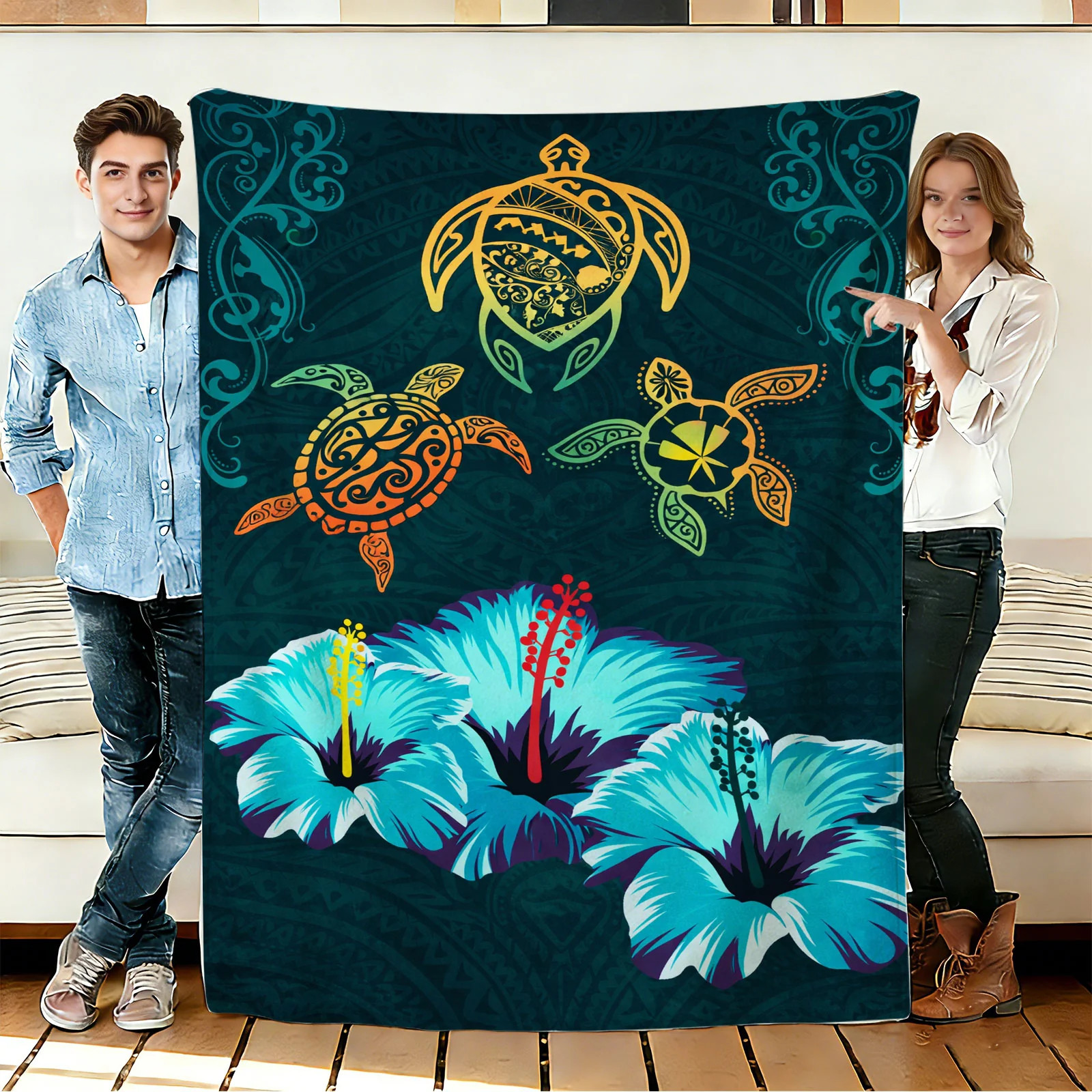 Sea Turtle and Hibiscus Flannel Blanket Soft Cozy Tapestry Napping Travel Use gallery
