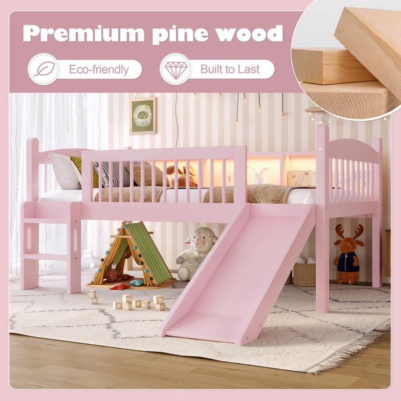 Twin XL Solid Wood Lower Loft Bed with LED Lights and Full-length Guardrails gallery