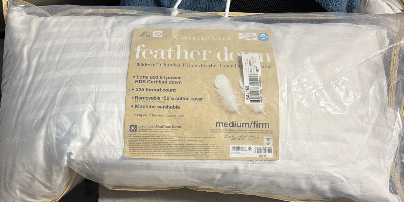 Charter Club Down & Feather Chamber Medium/Firm Density Pillow, King, New gallery