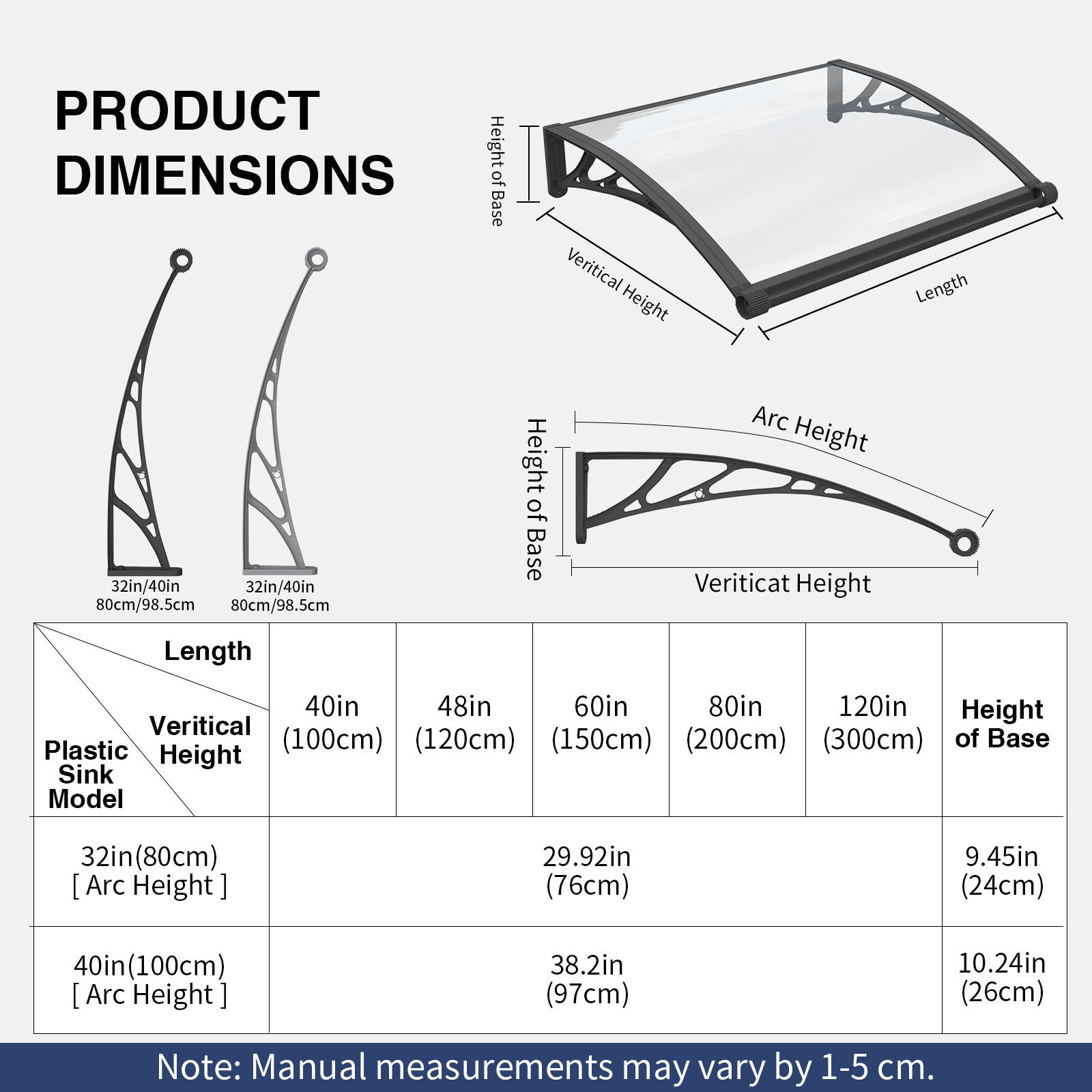 Solid Polycarbonate Window Awning Door Canopy 32/40/48/60/80" DIY Outdoor Cover gallery