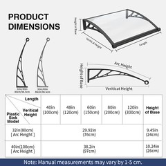 Solid Polycarbonate Window Awning Door Canopy 32/40/48/60/80″ DIY Outdoor Cover