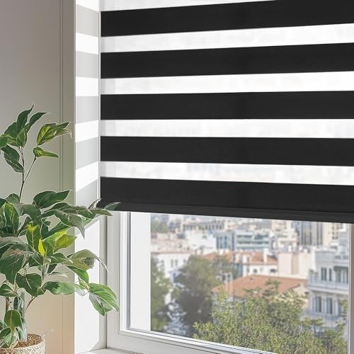 Cordless Zebra Blinds for Windows, Dual Layer Free-Stop 35"W x 72"H Black gallery