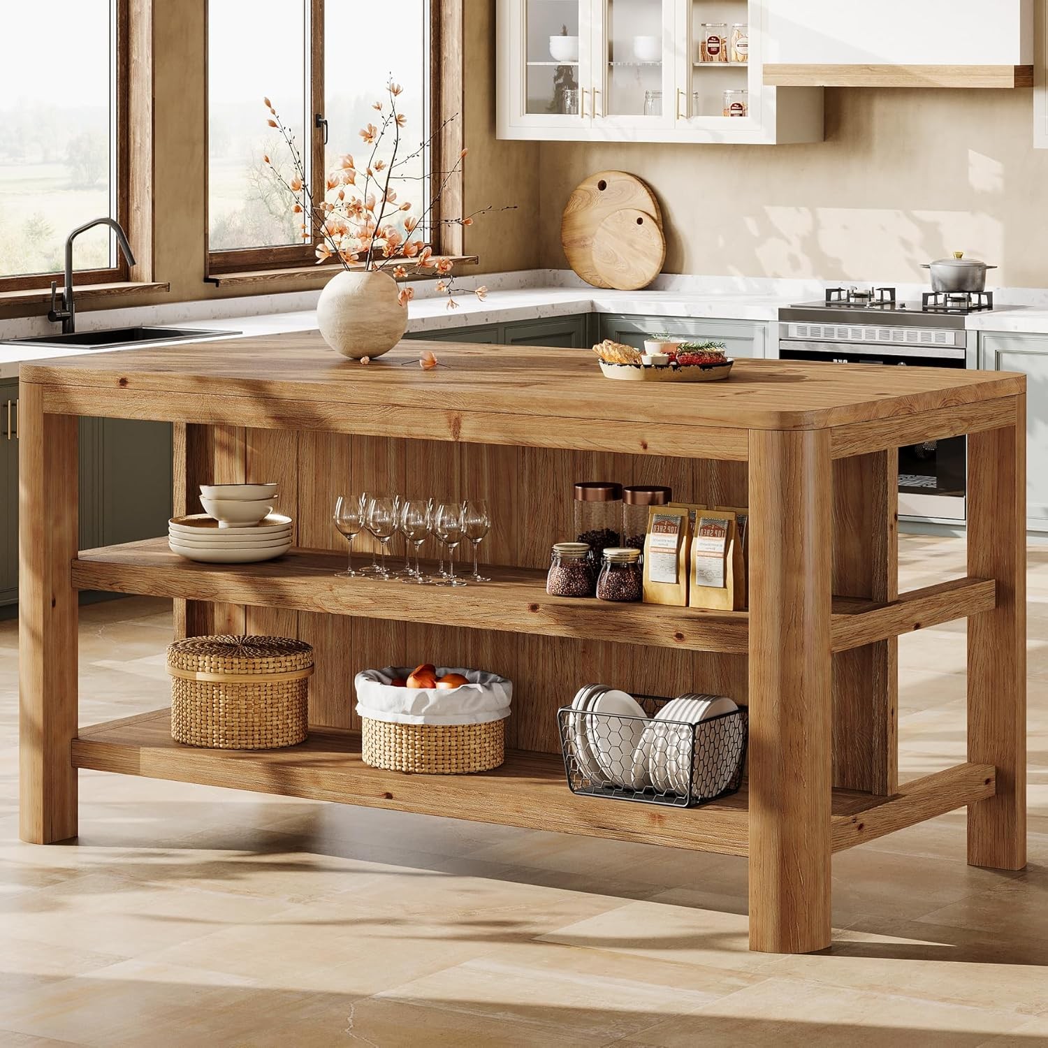 63-Inch Farmhouse Solid Wood Kitchen Island with Storage Shelves for Dining Room gallery