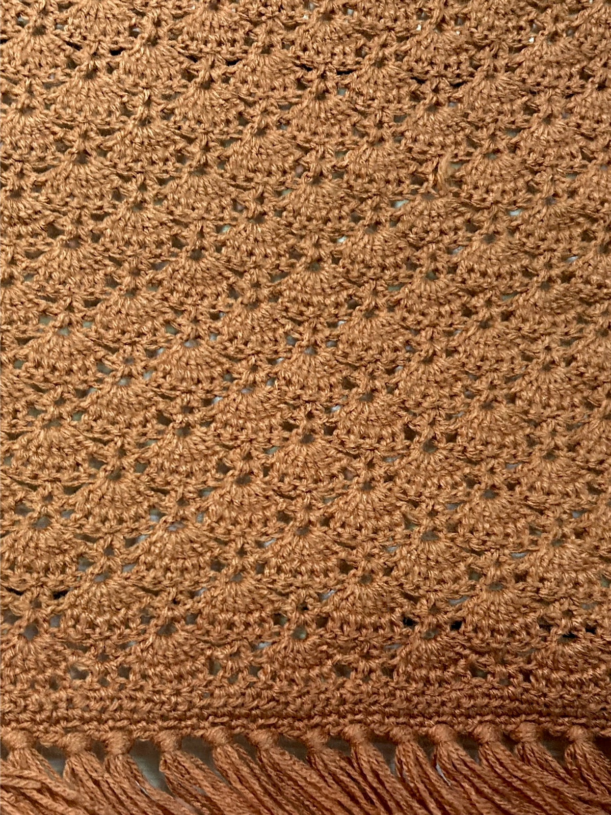 Vintage Afghan Crochet Shell Stitched Throw Blanket Warm Tan Brown Fringe 42x76” gallery
