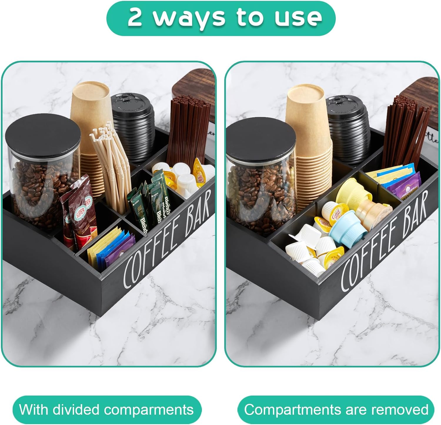 Coffee Station Organizer Removable Dividers 7 Compartment Black Condiment Holder gallery