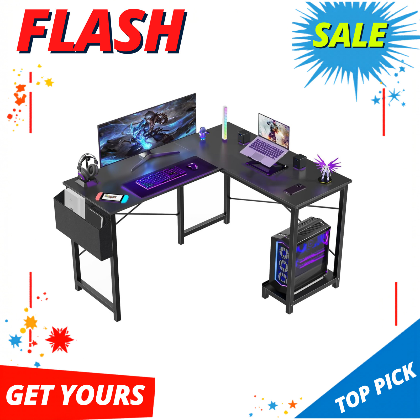 NEW L Shaped Desk Computer Desk Corner Gaming Desk PC Table 50Inch Black CPU Bag gallery
