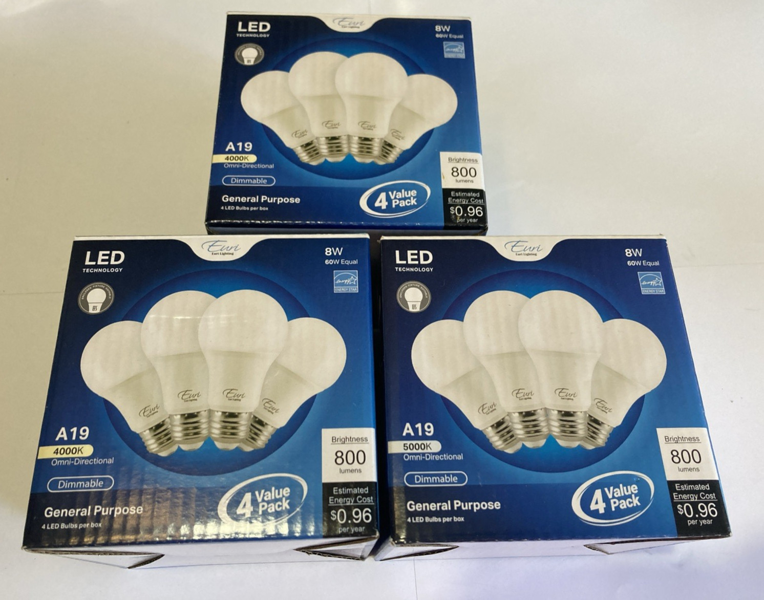 Euri Lighting A19 LED Bulbs 8W 800 Lumens Energy Star 12 Pack Energy Efficient gallery