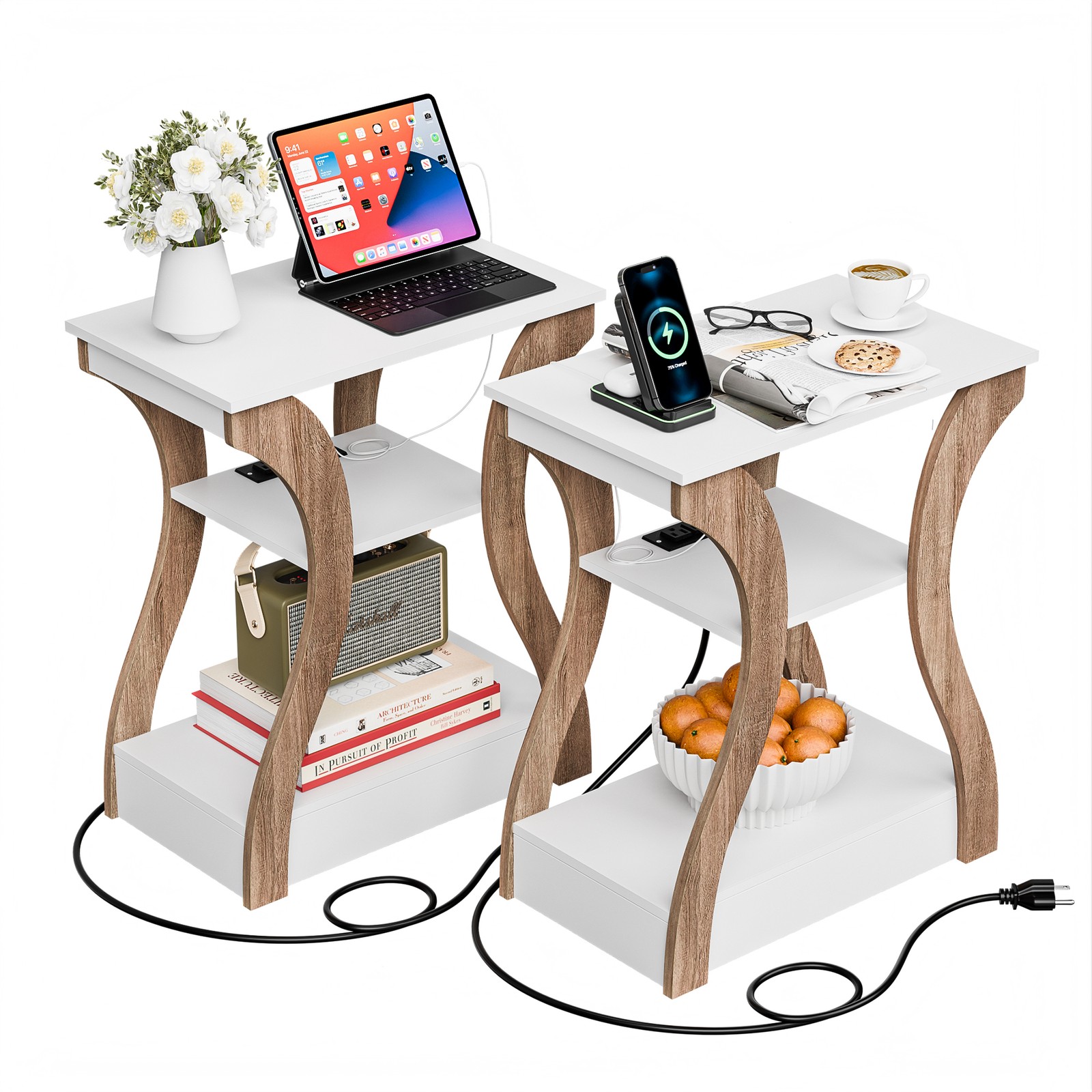 3 Tier End Table w/ USB Charging Station White Storage Shelf for Living Room 2X gallery