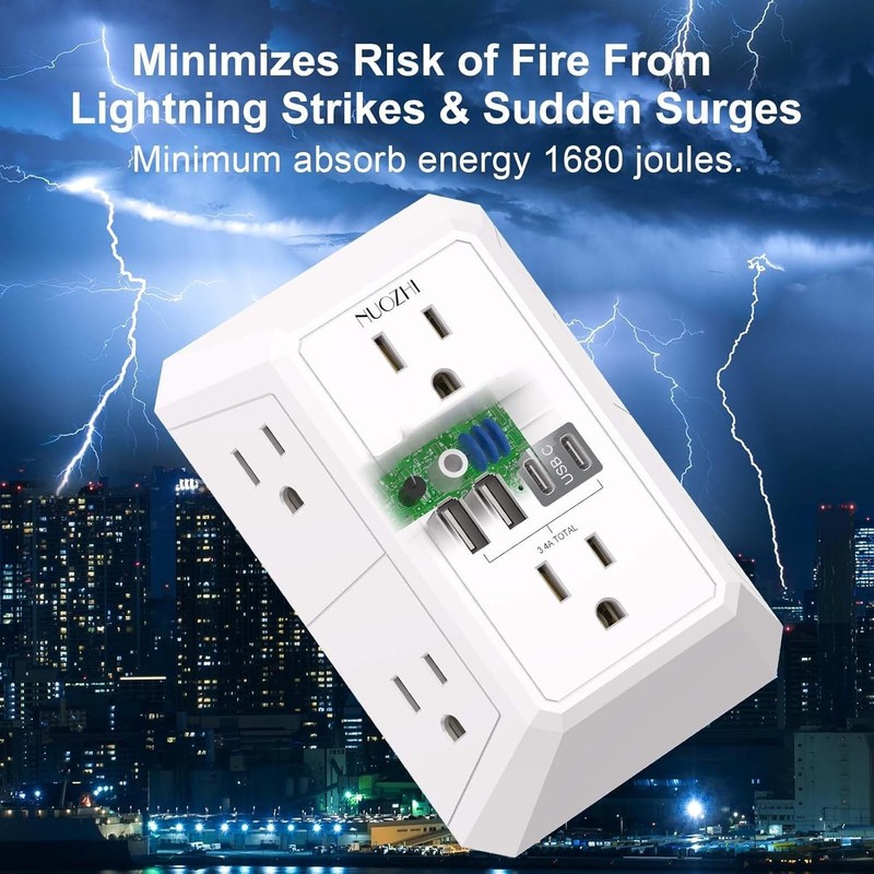 6 Outlet Surge Protector Wall Splitter 4 USB Ports 2 USB-C 1680J White gallery