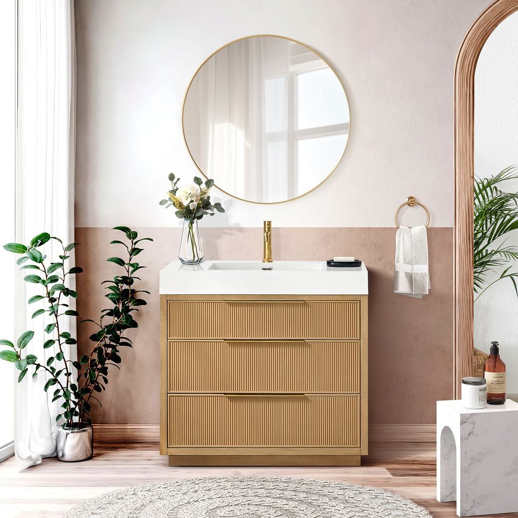 Hohhot 36" Single Bath Vanity in Washed Ash Grey with White Stone Top gallery