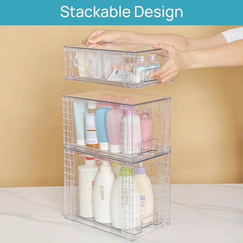 Vtopmart 3 Pack Clear Stackable Storage Drawers,Easy to Assemble Bathroom Organi gallery