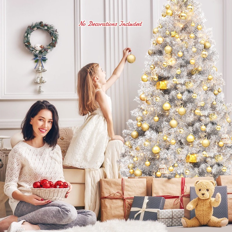 7.5Ft Hinged Unlit Artificial Silver Tinsel Christmas Tree Holiday w/Metal Stand gallery