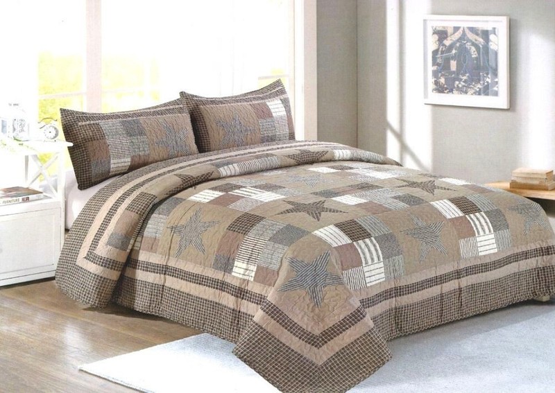 DESERT STAR 3pc Queen QUILT SET : PRIMITIVE FARMHOUSE COUNTRY BROWN CABIN PLAID gallery