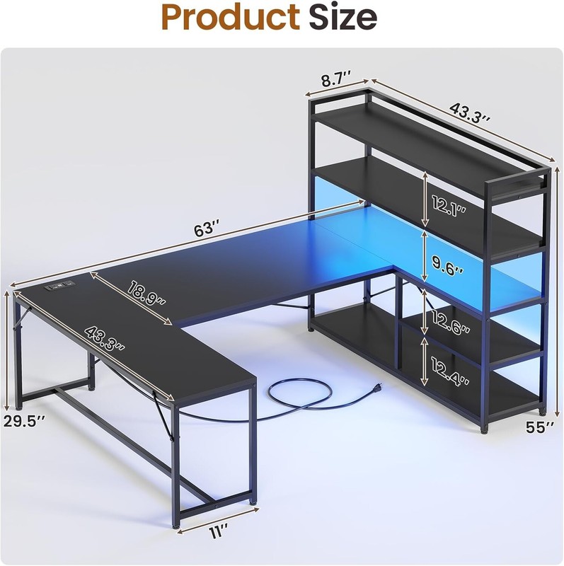 63” Reversible Computer Desk with Power Outlet, Storage Shelves and LED Lights gallery