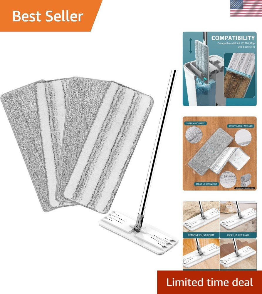 4 Pack Washable Microfiber Mop Replacement Pads for 13'' X 4.9'' Flat Mops