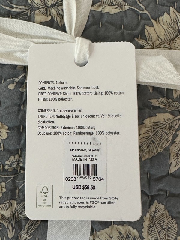 Pottery Barn SINGLE(1) Adele Floral Quilted Reversible Standard Pillow Sham Blue gallery