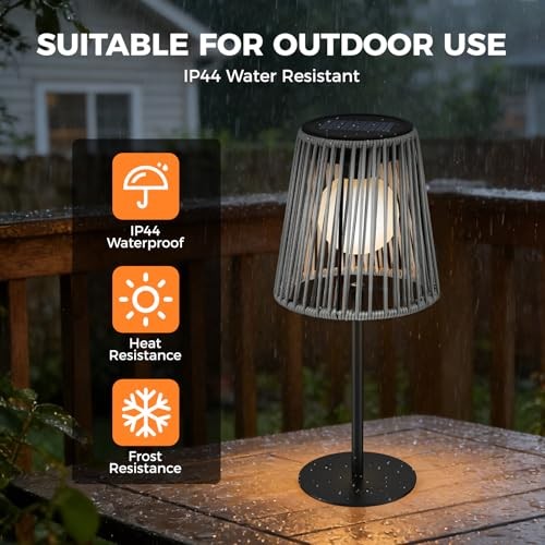 Solar Table Lamp Outdoor, Dual Solar & USB Charging Rattan Lamp, IP45 Gray gallery