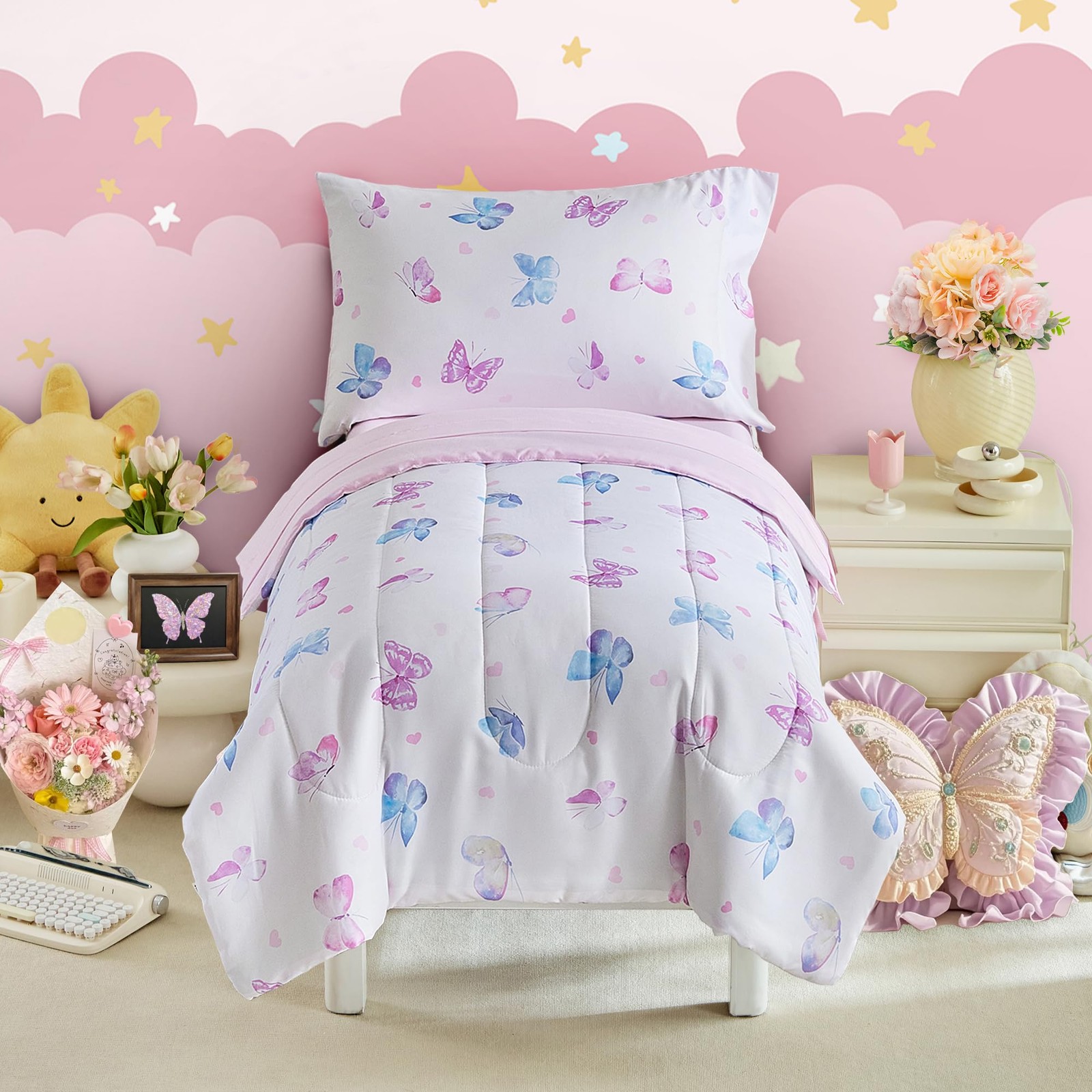 Butterfly Bedding Set for Girls Light Pink Colorful Butterfly 4PC Bed Set - S... gallery