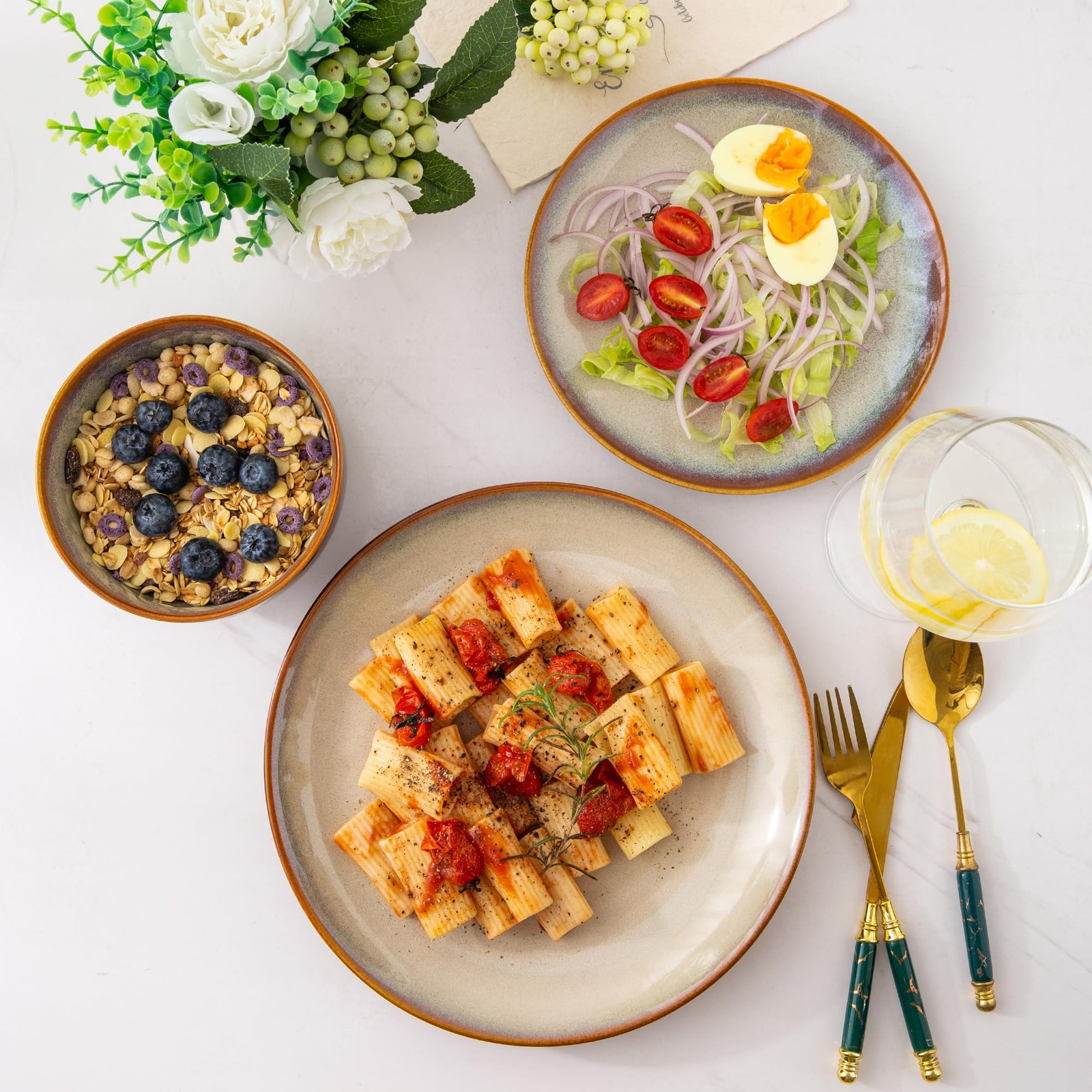 Ceramic Dinnerware Set Service for 8 24PCS Stoneware Plates Bowls Kahki LERATIO gallery