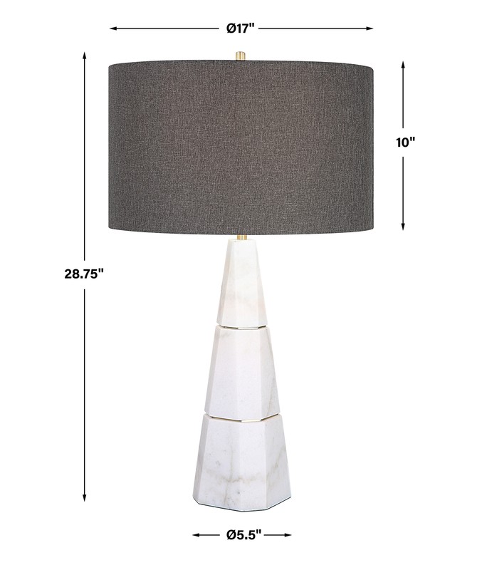 Luxe Tapered White Marble Pyramid Table Lamp 29 in Faceted Gray Veined Brass gallery