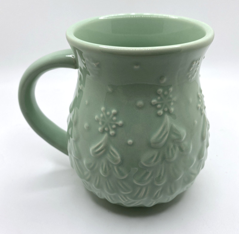 Temptations Embossed Christmas Trees Snowflakes Light Green Ceramic Coffee Mug gallery