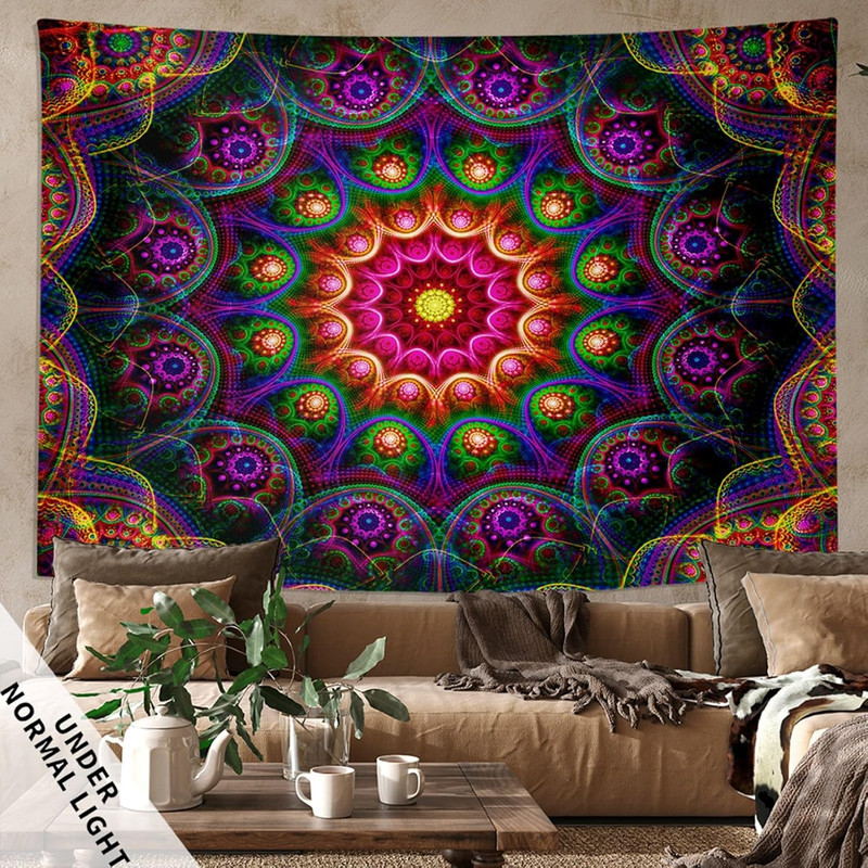 UV Reactive Mandala Tapestry Blacklight Trippy Boho Wall Decor 60x50 Inch gallery